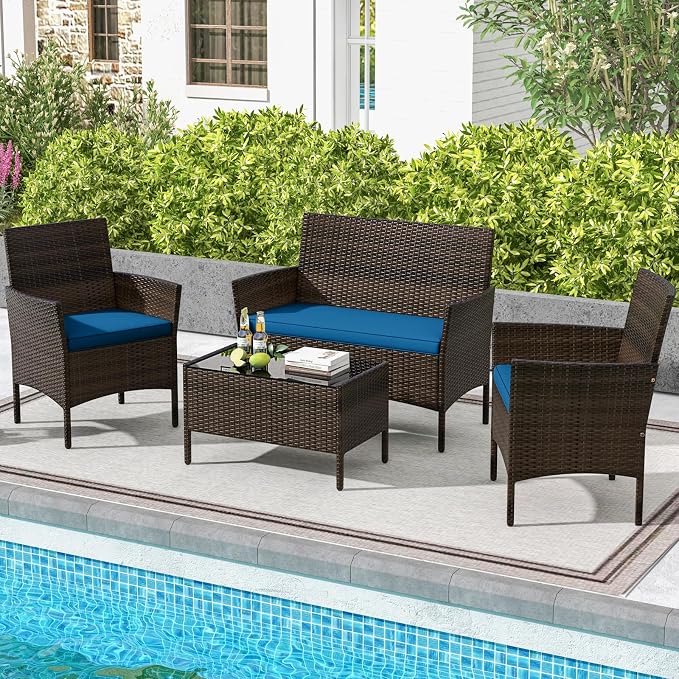 DORTALA Wicker Patio Furniture Set 4 Piece, Outdoor PE Rattan Table & Chairs Set with Tempered Glass Coffee Table, Loveseat, Cushions, Conversation Set for Balcony, Porch, Backyard, Deck, Peacock Blue