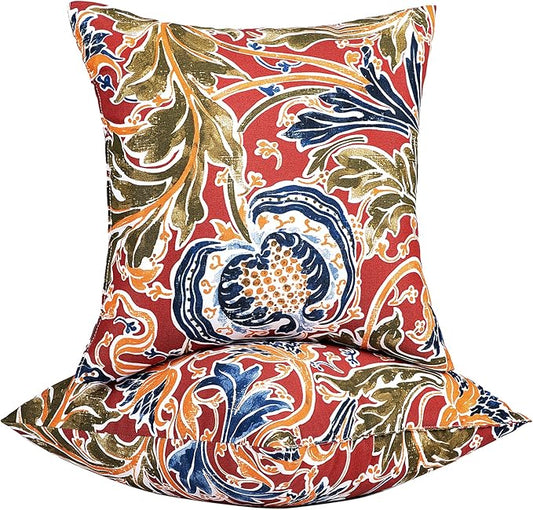 JMGBird Porch Pillows Waterproof Outdoor Lumbar Pillow Covers with Insert | Water-Resistant Outdoor Pillows Set of 2, 18x18 inch Durable Red with Pomegranate Flower Pattern Throw Pillows