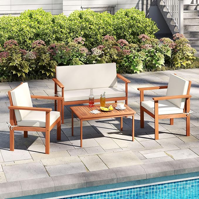 COSTWAY 4 Pieces Acacia Wood Conversation Set, Acacia Wood Porch Chairs with Table, Loveseat and Cushions, Outdoor Conversation Sofa Set for Garden, Balcony and Backyard