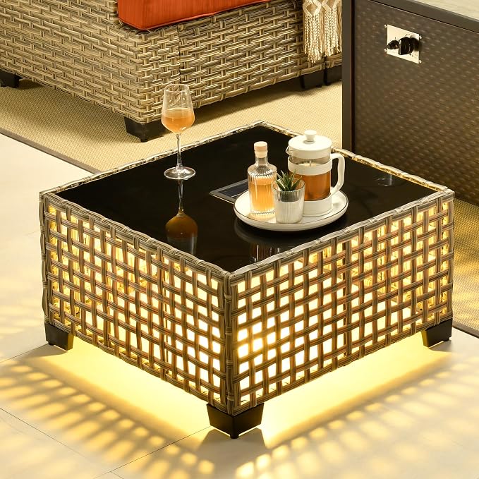 CAODOC 6 Pieces Outdoor Sectional Patio Furniture Set,Wicker Conversation Sets L Shaped Couch,Outdoor Sofa Outside Furniture with Solar Table Light(Red)