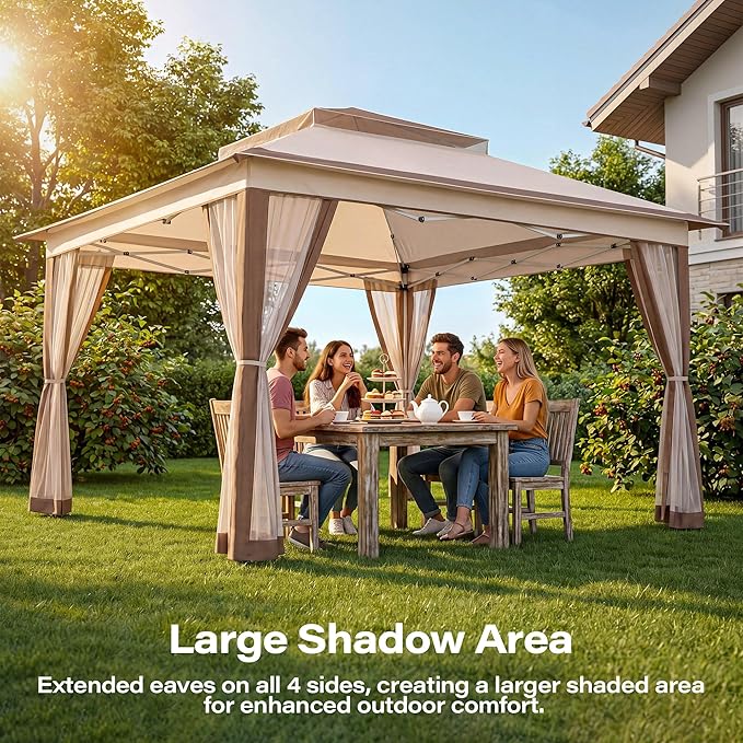 LAUSAINT HOME 11x11 Pop Up Gazebo Canopy Tent with Mosquito Netting, Instant One-Push Setup, Adjustable Height Outdoor Canopy Shelter with Carry Bag for Patio, Backyard, Camping, Parties & BBQs, Khaki