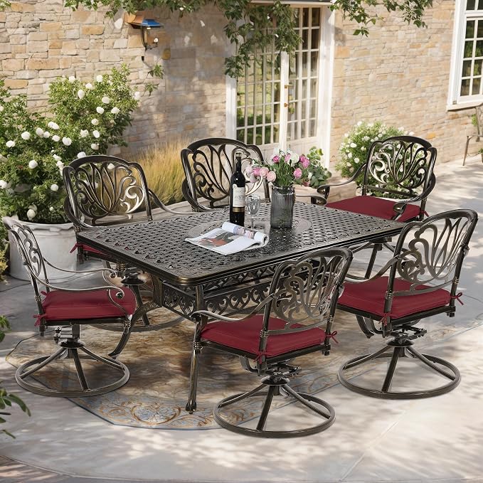 7-Piece Outdoor Patio Dining Set, 60” Rectangular Cast Aluminum Dining Table with Umbrella Hole and 6 Cushioned Swivel Rocker Chairs, Patio Funiture Set for Backyard, Patio, Garden, Red
