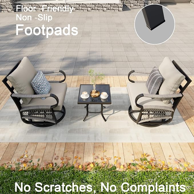 3 Pieces Glider Rocking Chairs, Outdoor Swivel Rocker Chairs with Thick Cushion, Patio Bistro Furniture Set with Side Table, Rope Conversation Sets for Porch Balcony Backyard Deck, Beige Cushions