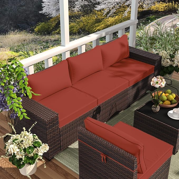 7 Pieces Outdoor Patio Furniture Set Wicker Sectional Sofa with Cushions & Tea Table Patio Rattan Conversation Chair Sofa Set Red…