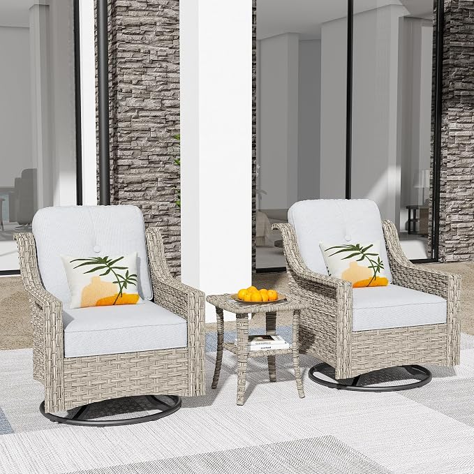 HOOOWOOO 3 Piece Patio Furniture Bistro Sets,Outdoor Wicker Swivel Rocking Chairs with Table Set,All Weather Resistant High Back Rattan Conversation Set(Light Grey Gray)