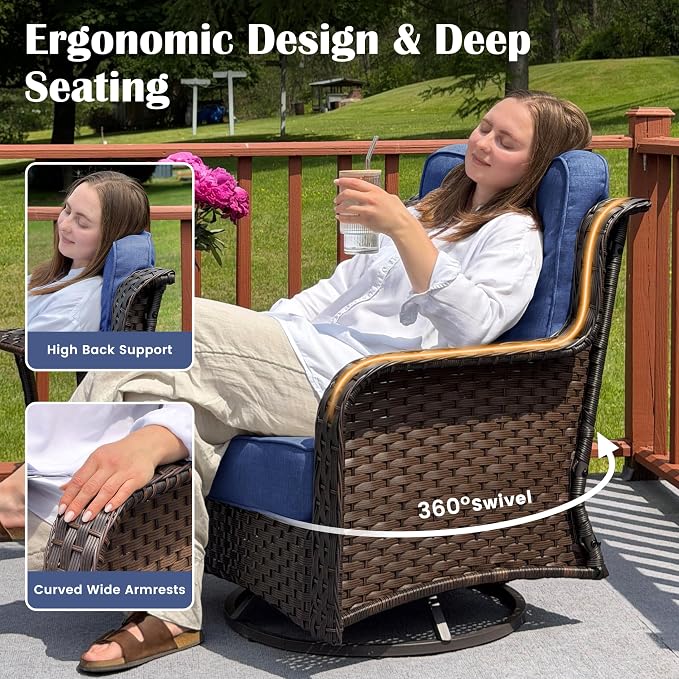 Sundale Outdoor Wicker Patio Furniture Set with Fire Pit, 5 Piece All Weather Outdoor Furniture Set with Swivel Chairs & Couch, High Back Patio Conversation Sets with 6" Cushions for Yard, Deck (Blue)
