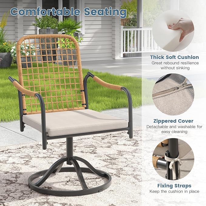 DIFY 5 Pieces Outdoor Dining Set for 4, 40.6" Round Dining Table with Umbrella Hole & Wicker Swivel Patio Chairs with Cushions, Metal Patio Table and Chairs Set for Backyard Porch, Grey Wood-Like