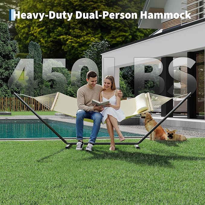 Garvee with Iron t-Shaped Bracket Flat Wood Frame Hammock - Durable, Sturdy, Comfortable, Easy Assembly, Stylish Design