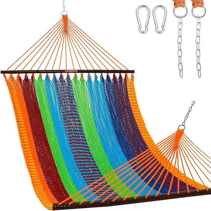Lazy Daze Hammocks 10.5 FT Double 2 Person Caribbean Rope Hammock, Hand Woven Polyester Hammock with Spreader Bars, for Outside Outdoor Backyard Patio Poolside, 450 LBS Capacity, Multicolor