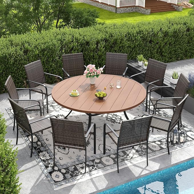 DIFY 11 Piece Outdoor Dining Set, Patio Table and Chairs Set for 10 with Umbrella Hole, 60" Walnut Round Dining Table & Stackable Wicker Patio Chairs, Metal Patio Furniture Set for Garden Backyard