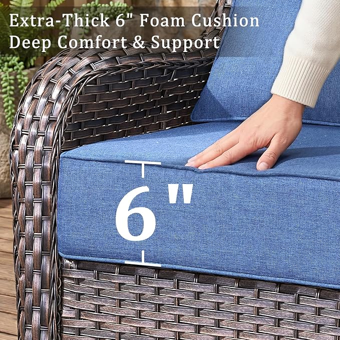 Luxury 6" Thick Cushion 9 Pieces Wicker Patio Furniture Set with 41”Fire Table, Outdoor Conversation Set with Patio Couch and Swivel Rocker Chairs for Deck Porch Yard and Poolside