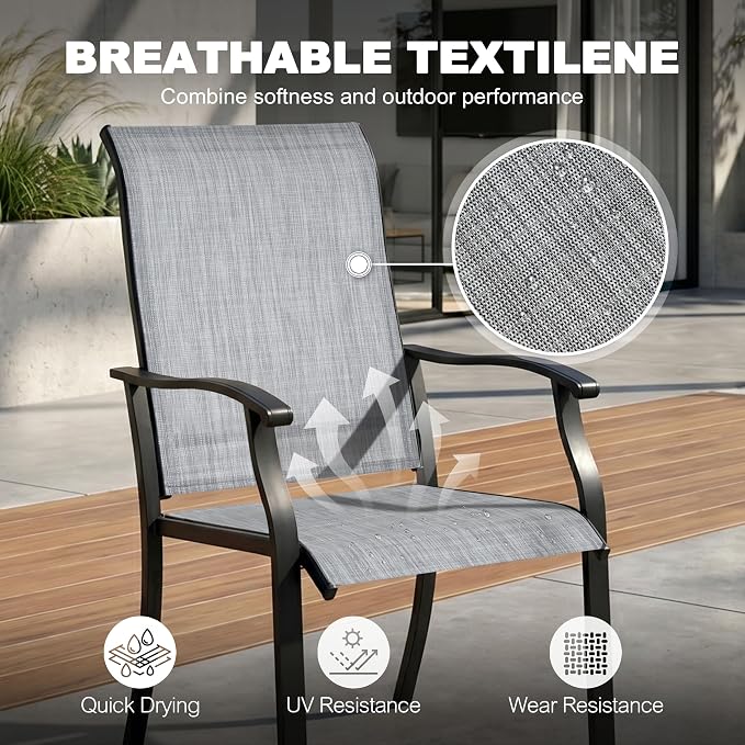 NUU GARDEN 5-Piece Patio Dining Set with Umbrella Hole, Outdoor Dining Set with 4 Textilene Chairs and 1 Square Metal Table, All Weather Patio Furniture Set for Backyard, Garden, Gray and Black