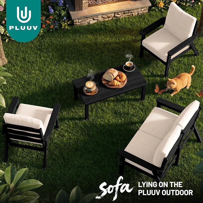 PLUUV 5-Piece HDPE Patio Furniture Set, Outdoor Sectional Conversation Set with Thick Washable Cushions & Coffee Table, All-Weather Modular Couch, Black Frame with Khaki Cushion