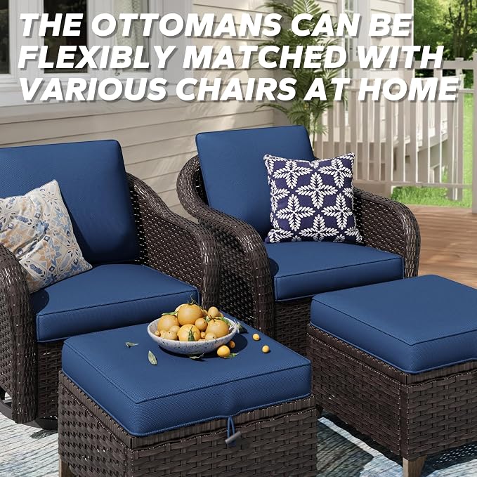 5 Pieces Outdoor Patio Conversation Furniture Set, 4 Pieces Rattan Glider 360 Degree Swivel Rocker Chairs with Removable Cushions, Coffee Table for Porch, Poolside (Navy Blue)