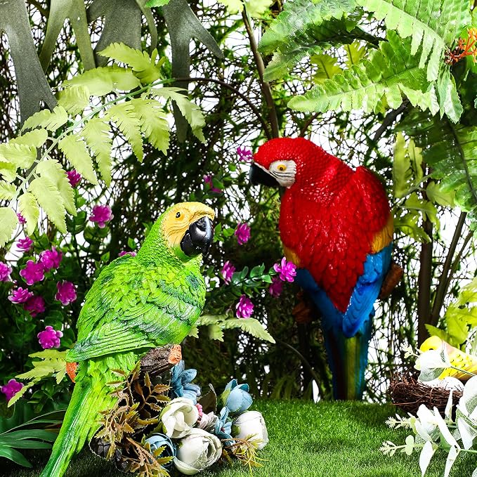 Jetec Parrot Decor Outdoor Tiki Bar Decor Large Realistic Parrot Statues Outside Lifelike Bird Sculptures Garden Patio Yard Lawn Figurines for Tropical Animal Tree Wall(2 Pcs,Green, Red)
