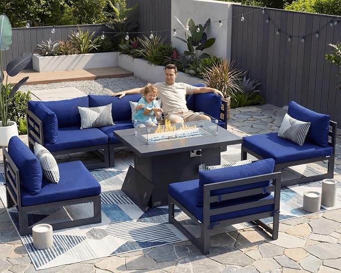 BULEXYARD 7 Piece Extra Large Modern Aluminum Outdoor Sofa with Fire Pit Table, 29" Deep Wide Seat, 500 lbs Durable Sectional Set for Heavy People, Anti-Rust Patio Furniture Set for Garden, Navy Blue
