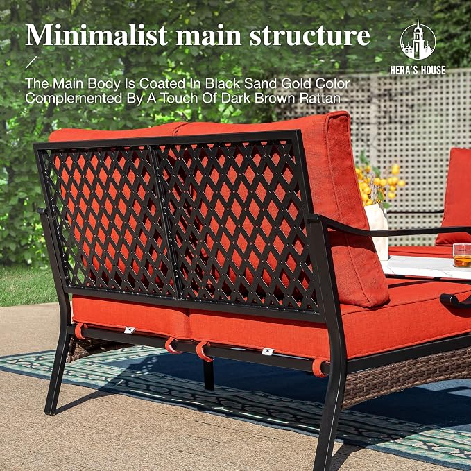 HERA'S HOUSE 5 Piece Metal Patio Furniture Set, 7 Seats All Weather Outdoor Conversation Set, 3 Seat Sofa with Loveseat, 2 Fixed Chairs, Coffee Table for Backyard, Garden, Deck, Red