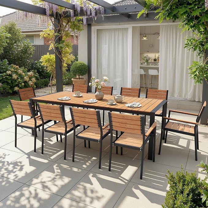 11-Piece Outdoor Dining Set, 95" Aluminum Table and Stackable Armchairs | Umbrella Hole and All-Weather WPC Rectangular Patio Furniture for 10 for Garden Patio Backyard (Brown)