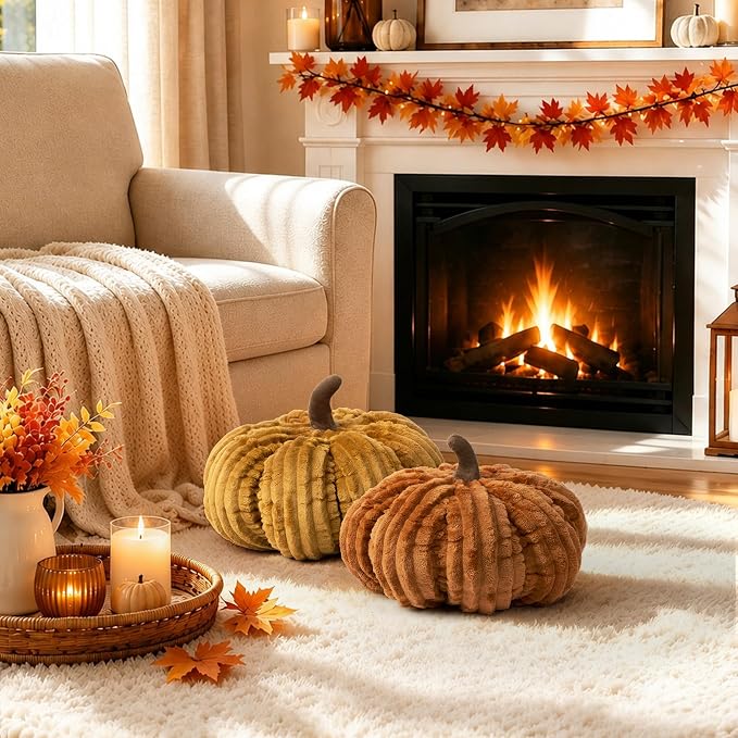 AELS Pumpkin Throw Pillows Set of 2, 14" Burnt Orange & Cinnamon Pillows | for Couch Sofa Bed Living Room Home Decor, Farmhouse 3D Fall Halloween Thanksgiving Decorative Accent Pillows