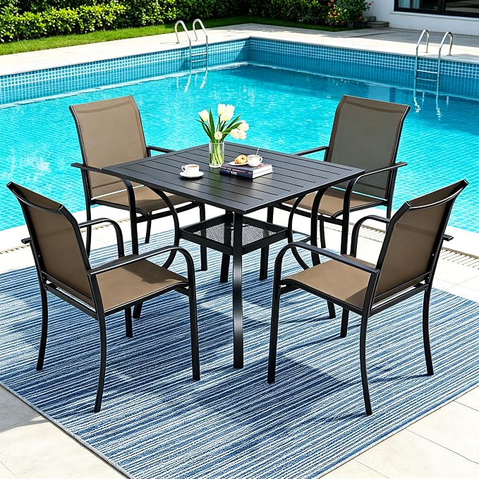 SUNCROWN 5 Pieces Outdoor Dining Set, Patio Furniture Set with 4 x Textilene Dinning Chairs and 1 Steel Slat Metal Bistro Table for Lawn Garden Backyard Deck - Brown