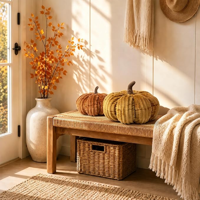 AELS Pumpkin Throw Pillows Set of 2, 14" Burnt Orange & Cinnamon Pillows | for Couch Sofa Bed Living Room Home Decor, Farmhouse 3D Fall Halloween Thanksgiving Decorative Accent Pillows