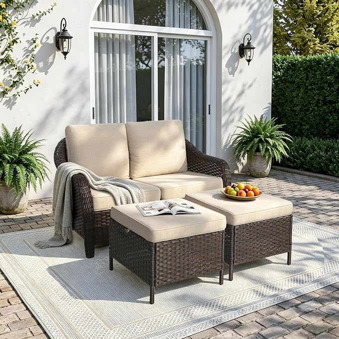 3 Piece Patio Wicker Conversation Set, All-Weather Use Outdoor Wicker Loveseat with 2 PE Rattan Ottomans, Ideal for Porch, Backyard, Balcony, Poolside, Beige