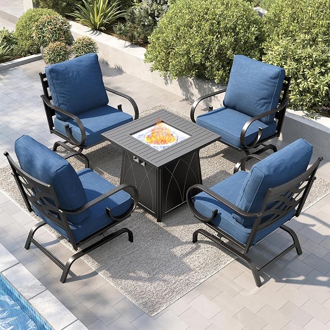 PHI VILLA Patio Furniture Set, 4 Rocking Chairs and a 28" Square Fire Pit Table, Outdoor Metal Conversation Set with 5.75" Extra Thick Cushion for Garden Backyard Deck, Navy