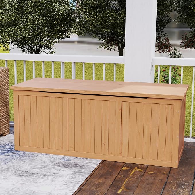 Domesto 112 Gallon Extra-Large Outdoor Deck Box, Solid Wood Storage Box Seat & Table Top, For Patio Cushions, Pool, Garden Tools (Light Brown, 112 Gallon)