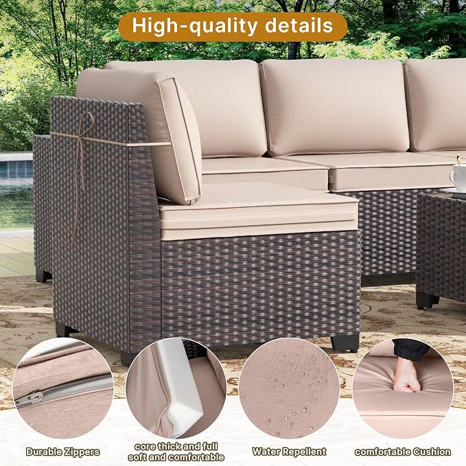 Gotland 6 Pieces Patio Furniture Set with 1 Coffee Table, 5 Seater Rattan Outdoor Sectional with Wide Armrests 29.5'' High Backrest Thick Waterproof Cushions, Conversation Sets for Deck Garden Khaki