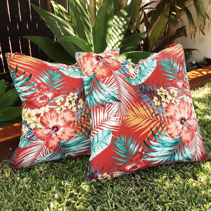 Throw Pillow with Insert, Set of 2, Outdoor Indoor Waterproof Decorative Patio Throw Pillow 18x18 Inch, Square Cushion for Couch Sofa Garden Farmhouse Decoration-Chili Red Floral
