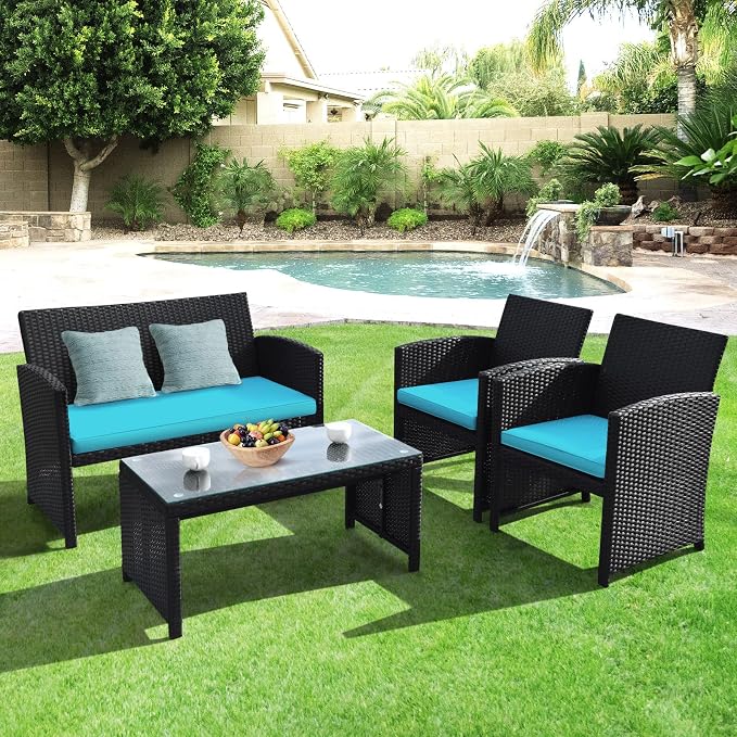 Goplus Rattan Patio Furniture Set 4 Pieces, Outdoor Wicker Conversation Sofa and Table Set with Soft Cushions & Tempered Glass Coffee Table for Balcony Garden Backyard (Turquoise)