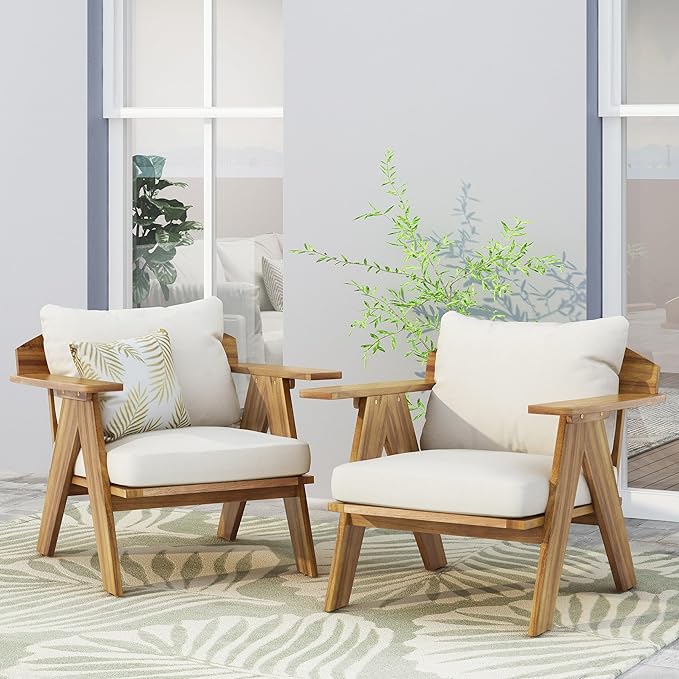 Merax 2 Pcs Outdoor Acacia Wood Club Chairs Patio Conversation Set with Cushions,Teak Finish