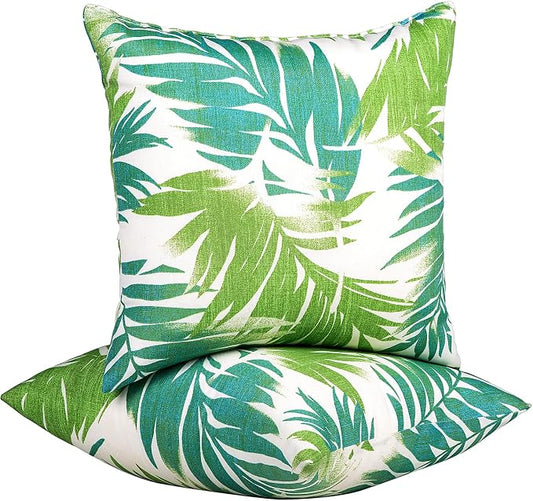 JMGBird 18x18 Teal Outdoor Pillow Leaf Pillow Green Outdoor Pillows | Outdoor Lumbar Pillows Set of 2 with Inserts Waterproof Throw Pillows for Patio Furniture