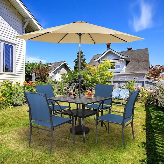 SUNCROWN 6 - Piece Outdoor Dining Set, Patio Furniture Set with 4 Textilene Dinning Chairs, 1 Steel Slat Metal Bistro Table and 1 Brown 9Ft Patio Umbrella for Lawn Garden Backyard Deck, Blue