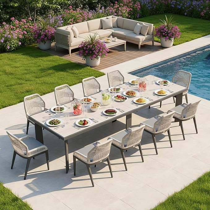 PURPLE LEAF 11 Pieces Patio Dining Set Aluminum Oversize Rectangular Table and Wicker Chairs with Cushions for Kitchen Porch Garden Modern Outdoor Furniture Sets, Beige and Dark Grey