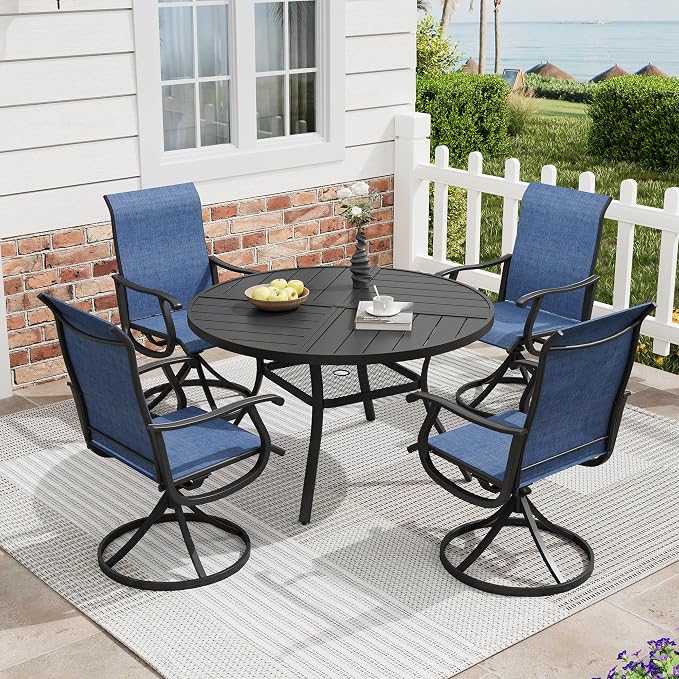 5 Pieces Patio Furniture Dining Set, 4 Textilene Swivel Dining Chairs, 41" Outdoor Round Metal Table with Storage Shelf and 1.57" Umbrella Hole, Outdoor Dining Set for Porch, Lawn, Black/Blue