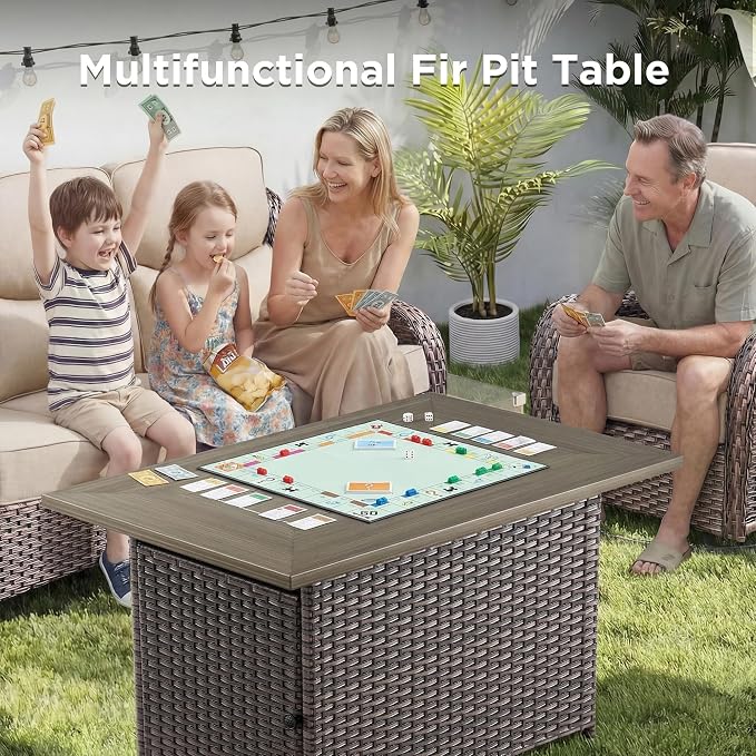 Luxury Patio Furniture Set with Fire Pit Table-8 Pieces All Weather Outdoor Swivel Rocker Chairs with Sofa and Ottomans. Outdoors Patio Conversation Sets for Porch Deck Garden Backyard(Brown/Beige)