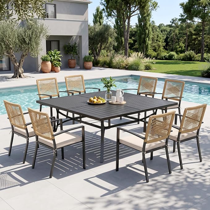 Sophia & William 9pc Patio Dining Set, 57" Square Table, Wicker Chairs | Outdoor Dining Set for 8, 57" Square Patio Dining Table Set with Patio Wicker Chairs for Garden, Porch, Backyard, Deck