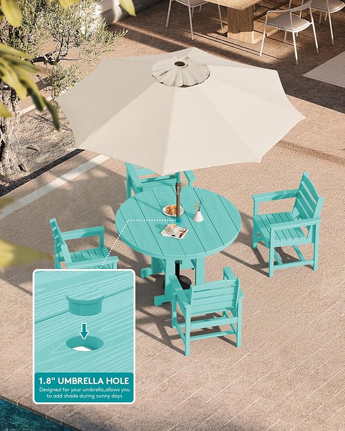 SERWALL 6-Piece Patio Dining Sets, HDPE Outdoor Table and Chairs Furniture Set with Umbrella, 45" Round Dining Table & 4 Dining Chairs & 1 9FT Umbrella, Aruba(Not Include Umbrella Base)