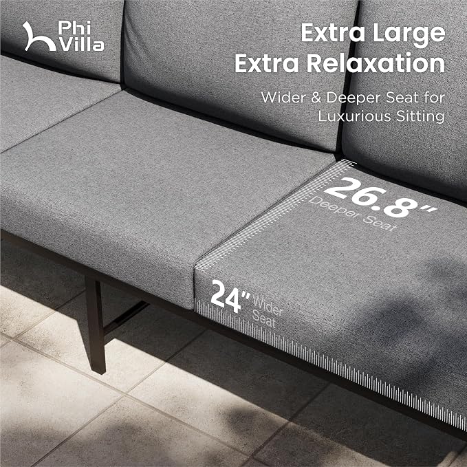 PHI VILLA Patio Furniture Set,Iron Metal Outdoor Furniture Set with Coffee Table, Thick Cushions and Fabric Covered Armrests, Deep Outdoor Sofa for Garden/Porch/Deck（Backyard ICON Collection）