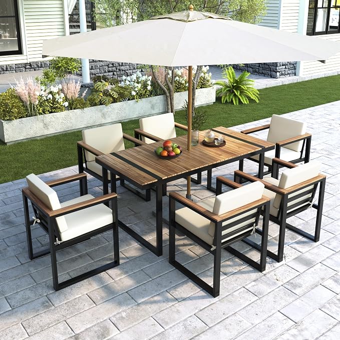 VilroCaz 7 Pieces Outdoor Dining Set, Acacia Wood and Steel Frame Patio Dining Table with Umbrella Hole and 6 Upholstered Chairs for Patio, Backyard, Garden (Beige-Umbr)