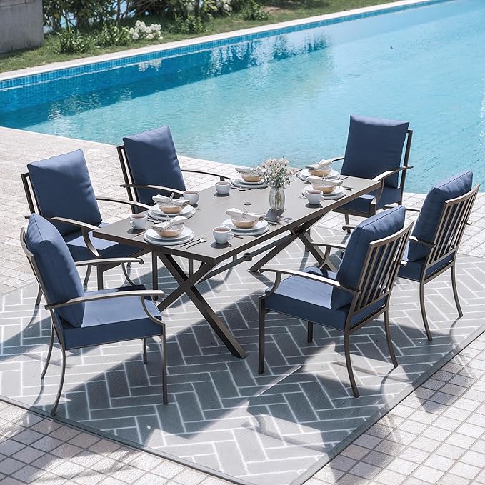 ALAULM 7-Piece Patio Dining Table and Chairs Outdoor Dining Set for 6 Patio Dining Sets with Rectangular Metal Table with Umbrella Hole for Patio, Backyard, Garden-DarkBlue