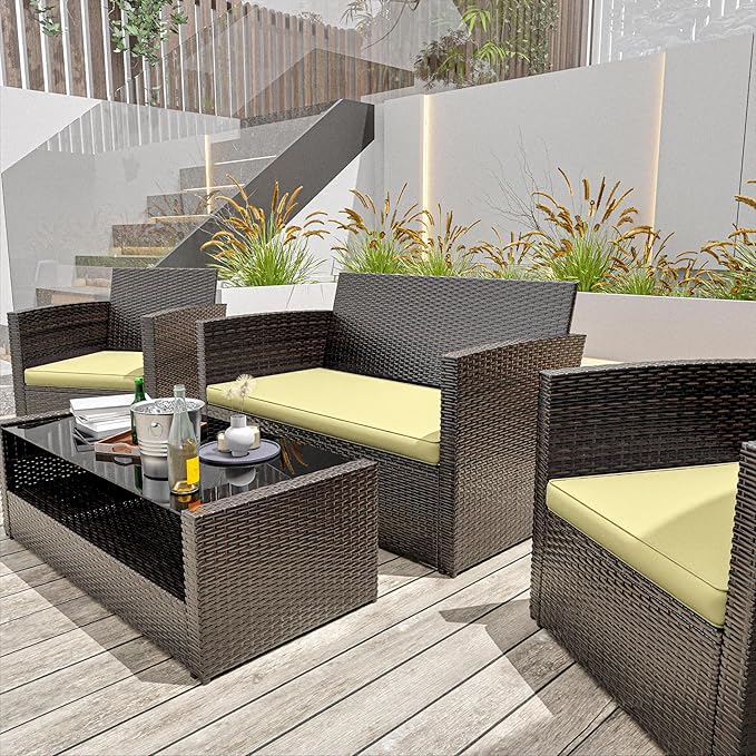 3 Pack Outdoor Patio Seat Cushions Replacement Covers Fit for 4 Pieces 4-Seater Wicker Rattan Patio Conversation Set Loveseat Chair Couch Furniture,36x18x2,18x18x2,Liaht Yellow-Cover Only