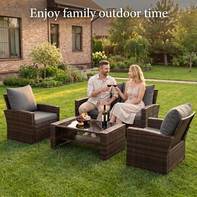 UDPATIO Patio Furniture Set, Outdoor Furniture Sets with Loveseats Sofa, Wicker Rattan Outdoor Conversation Set with Storage CoffeeTable for Backyard, Deck, Porch, Brown/Grey