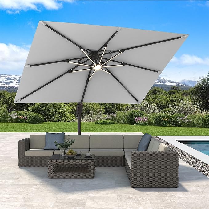 10' X 13' Cantilever Patio Umbrella with Led Lights Double Top Rectangular Outdoor Large Offset Umbrellas with 7 Tilts Adjustable 360°Rotation for Deck Pool Garden Backyard, Fog Grey