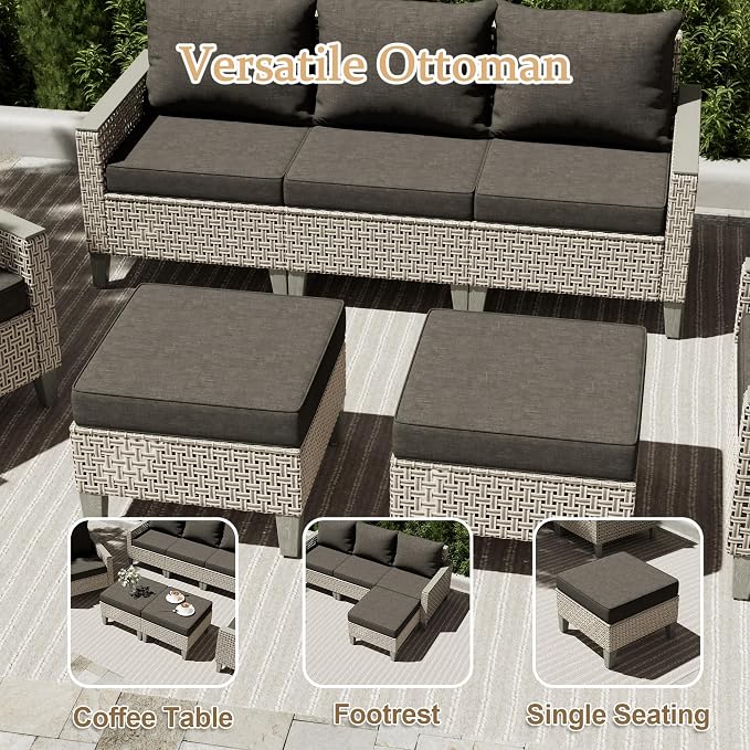 7 Pieces Patio Furniture Set with Ottomans, Modern Outdoor Sectional Sofa with Comfy Cushions, Modular Wicker Rattan Patio Conversation Set for Garden Poolside Deck, Black
