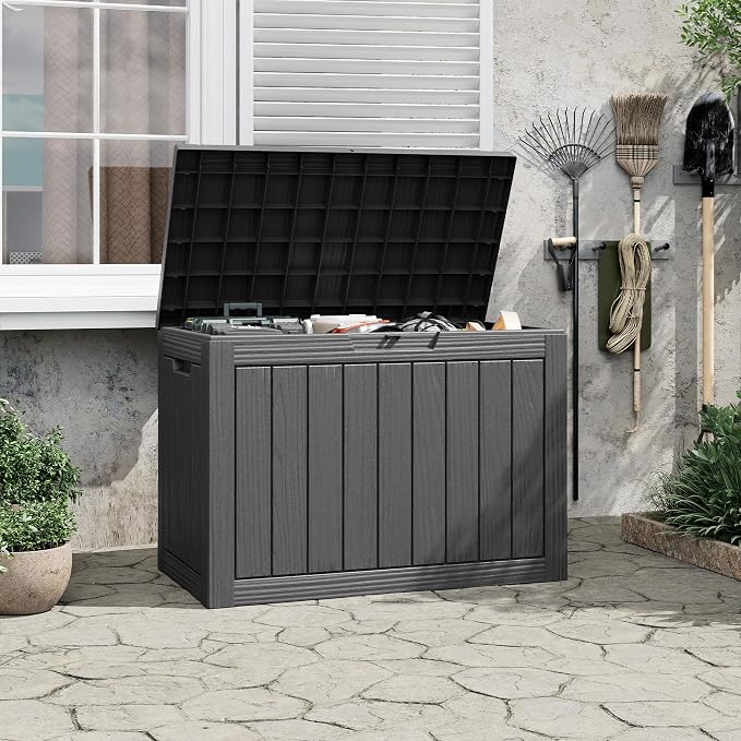Outdoor Storage Box, 45 Gallon Deck Box with Lockable Lid, Waterproof Resin Storage Bin for Cushions, Garden Tools, Patio Furniture, Black