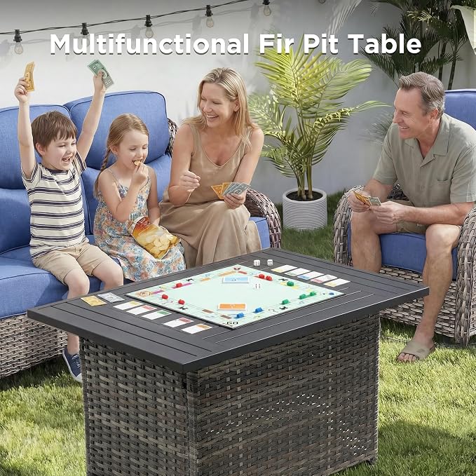 Luxury Patio Furniture Set with Fire Pit Table-8 Pieces All Weather Outdoor Swivel Rocker Chairs with Sofa and Ottomans. Outdoors Patio Conversation Sets for Porch Deck Garden Backyard(Grey/Blue)