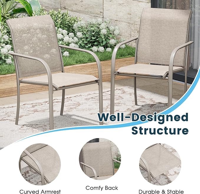 7 Pieces Patio Dining Set, 47" Round Dining Table with Umbrella Hole, 6 Stackable Textilene Fabric Chairs, Metal Structure for Patio, Porch, Garden(Sand Table, Sand Chair)
