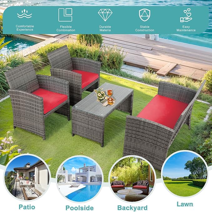 SUNLEI 4 Pcs Outdoor Patio Furniture Sets, Rattan Chair Wicker Conversation Set, Backyard Porch Garden Poolside Gray Rattan Sofa Chair with Cushion for Outdoor Indoor Use (Red)